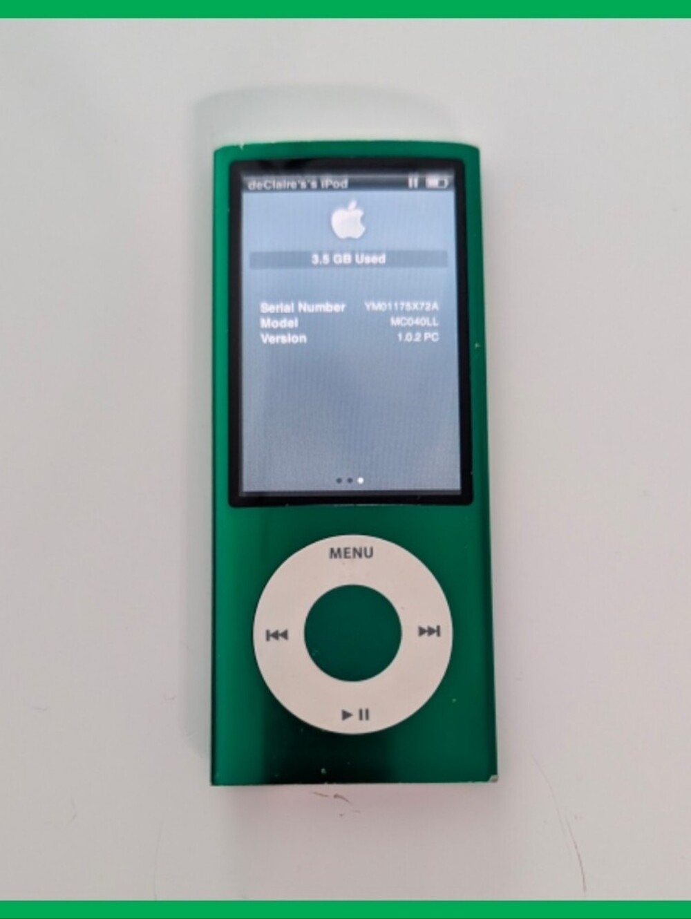 Apple Green iPod Nano with White Click Wheel With Charging Cable
